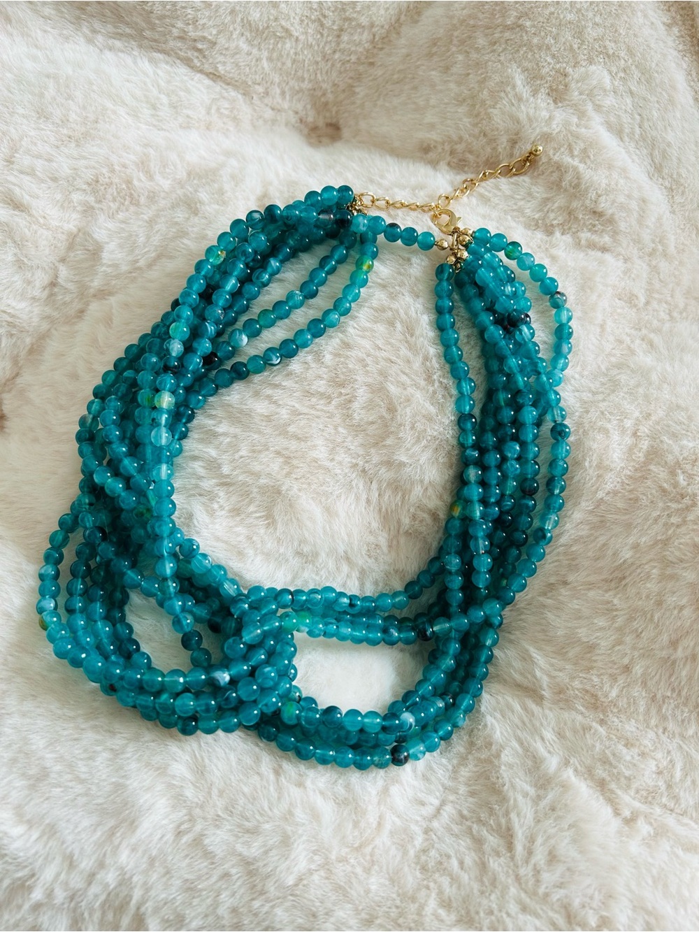 Multi-Strand Teal Beaded Necklace with Gold Accents
